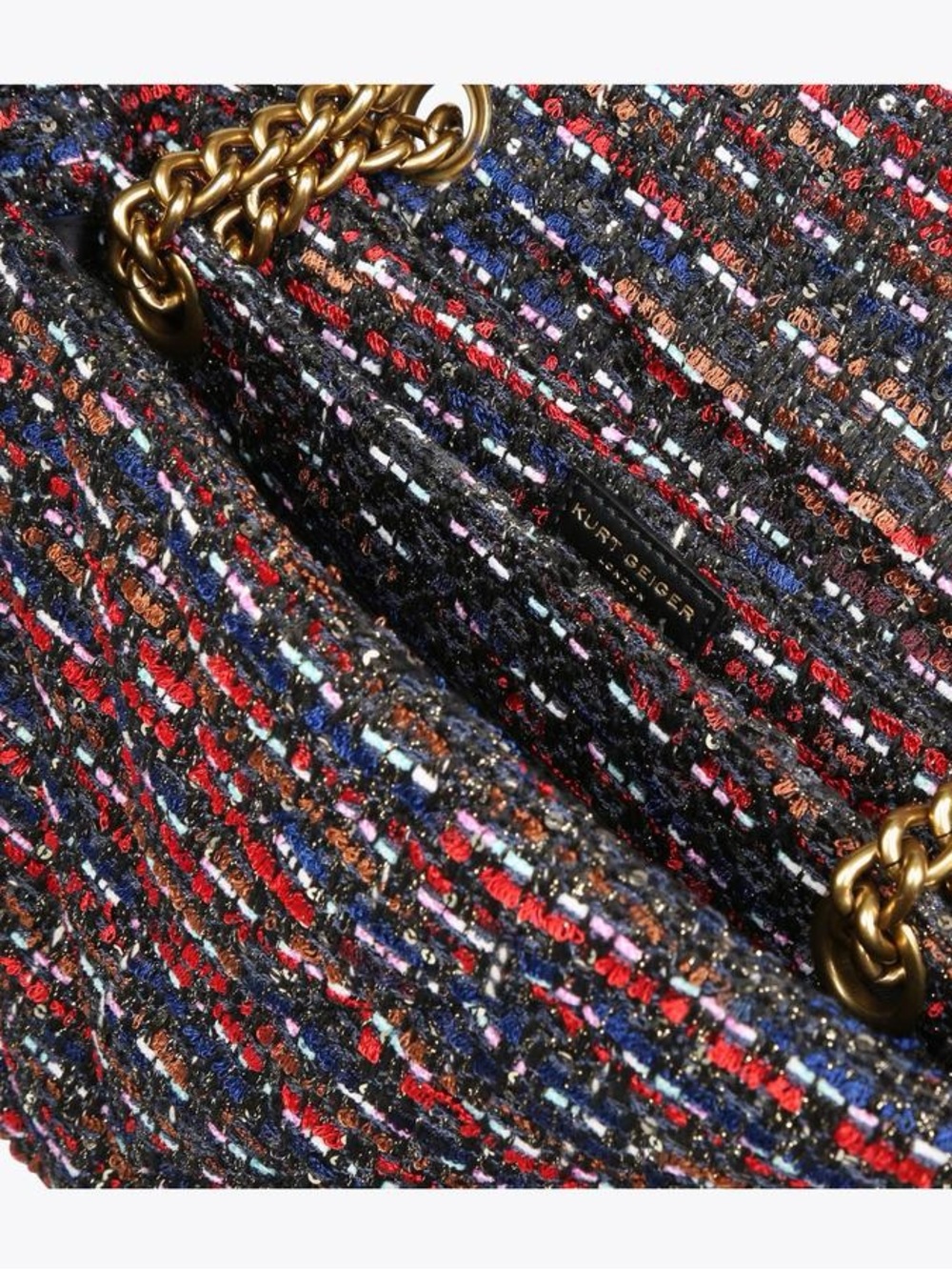 Kurt Geiger Tweed Chain Shoulder Bag in Red, Blue & Black - Picture 5 of 12